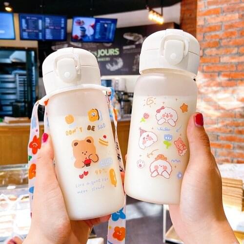 Creative Glass Water Bottle With Straw Cute Bear Frosted Milk Water Bottles For Girl Kids Portable Leakproof Travel Drinking Cup