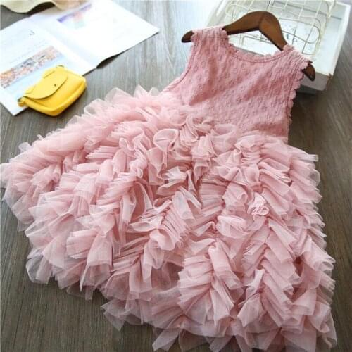 Girls Summer Clothes Kids Princess Dress Sleeveless Pink Cake Layered Mesh Dresses Children Birthday Party Elegant Tutu Vestidos