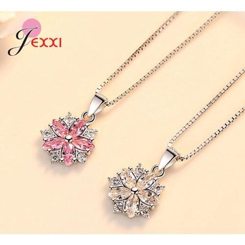 Lovely Wedding Engagement Accessories Jewelry S925 Sterling Silver Pink White Rhinestone Pendant Necklace for Brides Girls