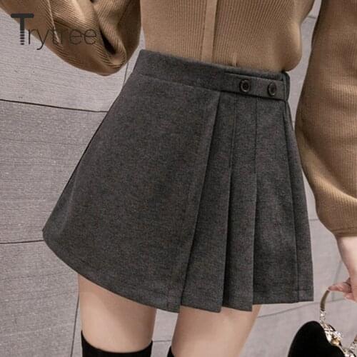 Trytree 2020 Autumn Winter Casual Woman Shorts Skirt Thick Blends Tweed Solid Elastic Waist Side Pleated A-line Shorts Skirt