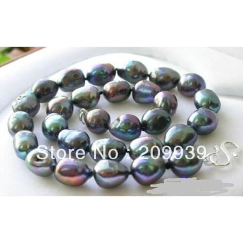 17" 14MM baroque peacock black FRESHWATER PEARL necklace 925silver