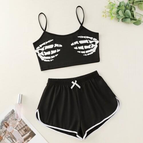 Letter Print Sleepwear Home Suit Summer V Neck Sexy Pyjamas Women Spaghetti Strap Loose Pijama Satin Homewear Pyjama Skeleton