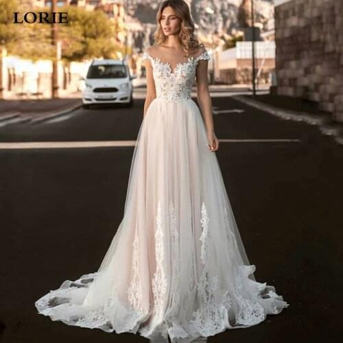 LORIE Boho Wedding Dresses 2021 Halter Lace Appliques Wedding Gown Puff Tulle Princess Bride Dress Vestidos De Novia