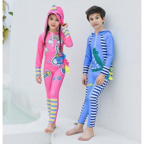 UPF 50+ Full Rash Guard for kids with Hood Long Sleeve One Piece Swimsuit Children Beach Surf Suit quick dry boys girls dinosaur