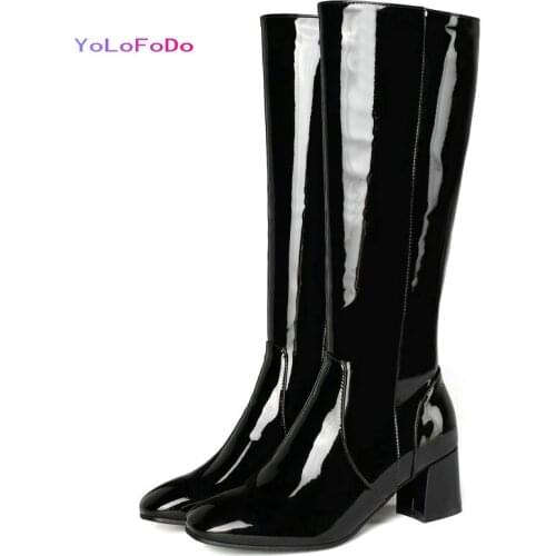 2021 Autumn Winter Women Knee High Boots Patent PU Leather Ladies Square High Heel Boots Side Zipper Dress Womans Shoes