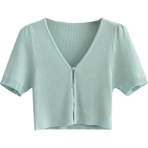 JC·KILIG V-Neck Short Sleeve Knitted Cardigan Womens Summer Net Edition Gentle Temperament Versatile Lce Silk Top Y55171