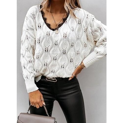 2021 New Women Casual Long Sleeve Loose Sweater Fashion Solid Color Lace Trim V-neck Knitwear