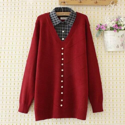 Plus size patchwork fake Turn-down Collar women loose sweaters 2020 new autumn winter casual ladies pull knitted tops female
