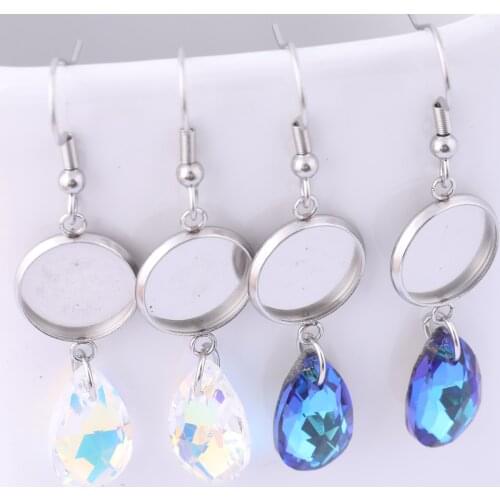 10pcs Stainless Steel 12mm Cabochon Earring Base Setting Blanks With Crystal Teardrop Charms Diy Bezels For Jewelry Making