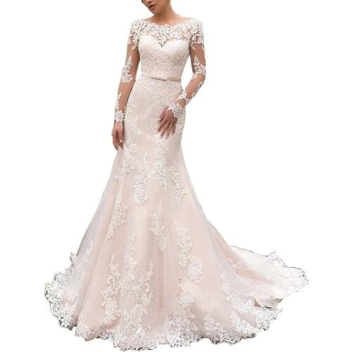 2020 Luxury Mermaid Wedding Dresses Sheer Neck Long Sleeves Full Lace Applique Gowns Bridal Dress