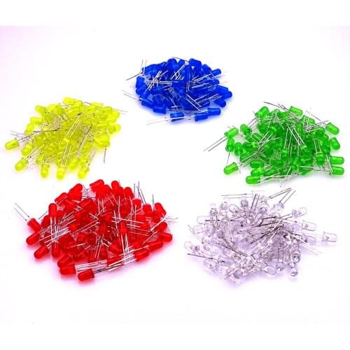 5 color x100pcs=500pcs Red/Green/Blue/White/Yellow Ultra Bright 5mm Round LED Diode F5 Led