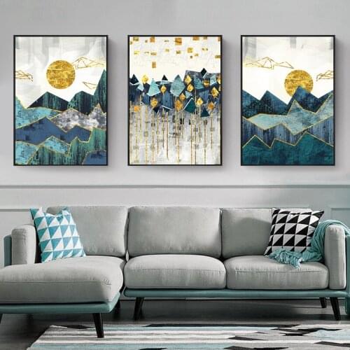 HAOCHU Abstract Geometric Landscape Decoration Painting Canvas Print Golden Sun Line Mountain Peak Home Hotel Poster Wall Art