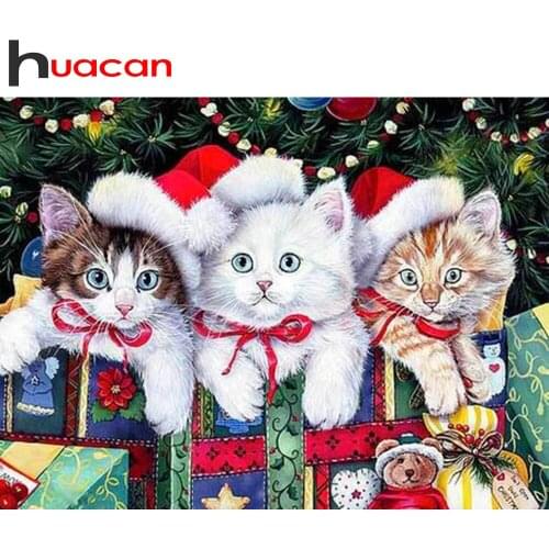 Huacan 5D Diamond Painting Cross Stitch Cat Christmas Diamond Mosaic Set For Embroidery Cross Animals Bedroom Decoration