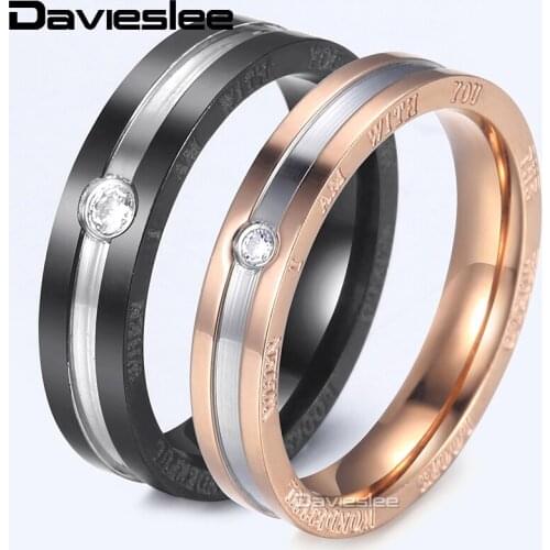 Davieslee Mens Womens Stainless Steel Ring Clear CZ Rose Gold Black Silver Color Letters Wedding Band Paved US Size 6-12 LKRM38