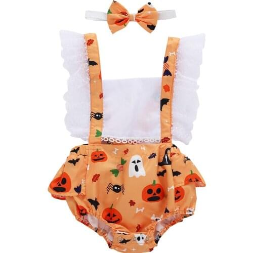 Infant Baby Suspender Lace Romper Headband Summer Suit Pumpkin Ghost Printed Square Neck Short Ruffle Sleeve Halloween Costume