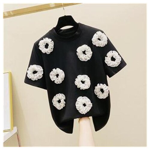 Stereo Flower Pure Cotton Short-sleeved T-shirt Womens 2021 Summer Wear Korean-style Loose-Fit T-shirt Fashion Tshirt Tops