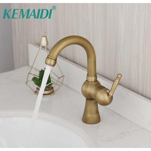 KEMAIDI Antique Brass Bathroom Sink Faucet Basin Mixer Tap Solid Brass Deck Mounted Sinlge Handle 360 Tap Hot Cold Water Faucets