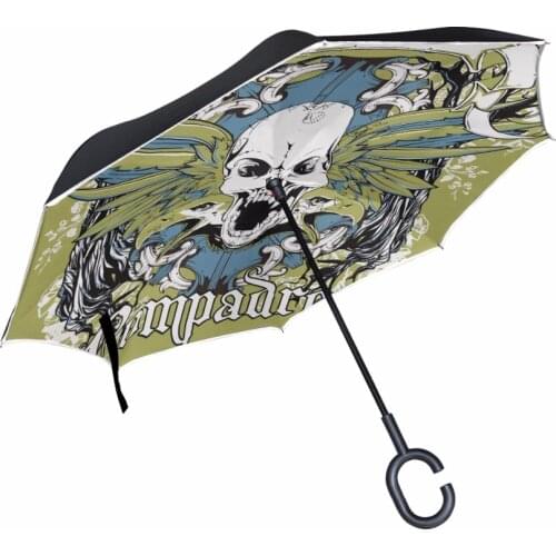 Cool Upside Down Skull Umbrellas Modern Reverse Umbrella C-Handle Double Layer Windproof Inverted Umbrella for Car