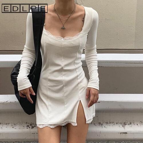 Lace Split Sexy Dress Bandage Club Dress Super Kawaii Goth Long Sleeve Dress Unif Y2k Accessories French Dress Women