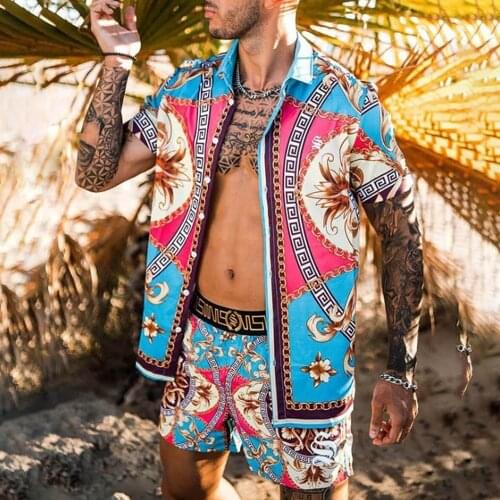 2021 Summer Europe United States Mens New Print Leisure Loose Two-Piece Set Hawaii Beach Suit Male Lapel Short Sleeve+Shorts