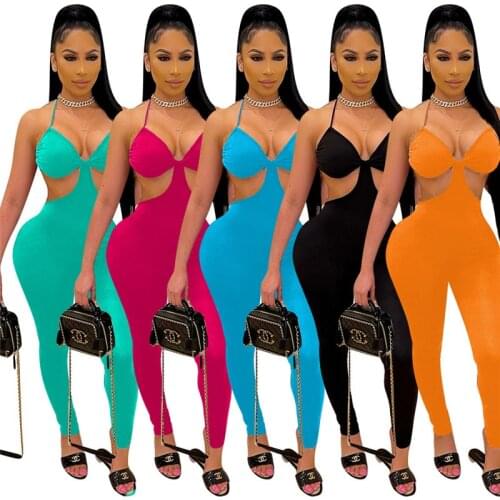 Backless Solid Jumpsuit Summer Sleeveless Full Length Overalls Female Sexy Club Playsuits