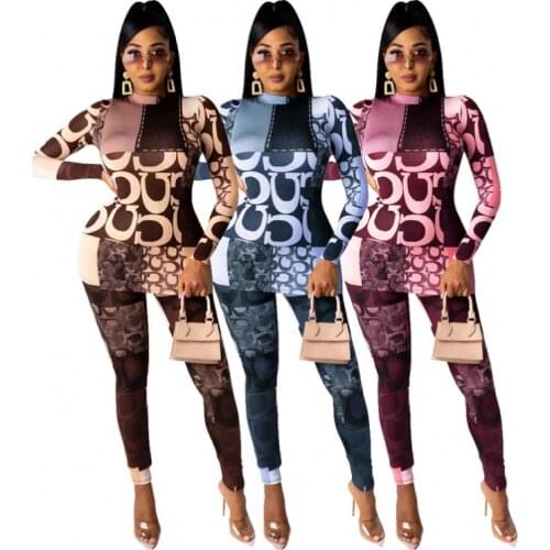 OEM ODM Latest Design Women Fashion Clothing Long Sleeve Print High Elastic 2 Piece Sets Womens Two Piece Set