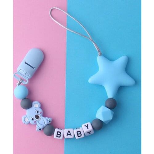 Personalized Name Pacifier Clips Holder Handmade Silicone Teether Chain Five Star Baby Teether Teething Chain Chew Nipple Holder