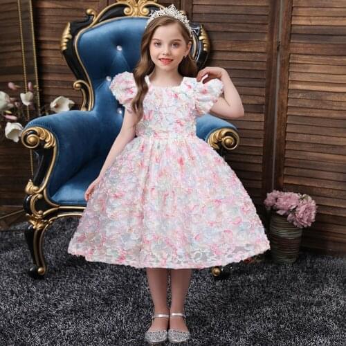 Girls Princess Dress for 2-10Years Baby Girl Cotton tutu Puffy-Sleeve Dresses Children Mesh Flower Applique Girls Evening Dress