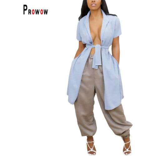 Prowow Sexy Backless Women Blouse with Sashes 2021 New Summer Fashion Long Style Top Clothes for Woman Solid Color Clothing