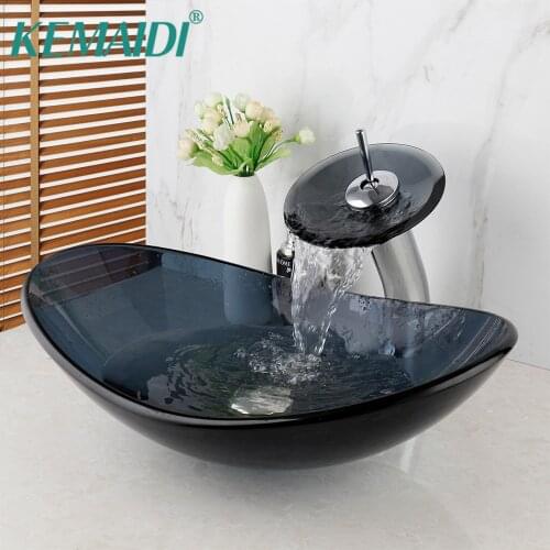 KEMAIDI Gray Tempered Glass Sink +Waterfall Glass Basin Faucet Combine Brass Faucet Mixer Tap Round Washbasin Lavatory