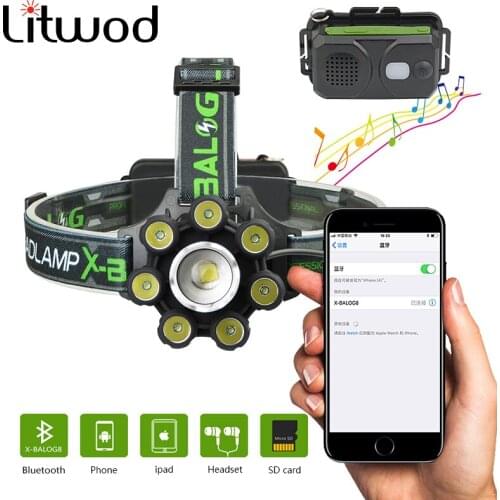 Litwod Led Headlamp Powerful T6 Headlight Zoomable 100000LM Camping Cycing Head Lamp 18650 Battery Bluetooth Speaker Torch