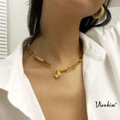 Vienkim Punk Lock Chain Necklace Neck Chains for Women Vintage Exaggerated Golden Goth Hoop Metal Necklace 2020 Clavicle Jewelry