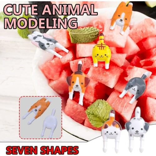 Fruit Fork Creative Cartoon Cat Dog Fruit Fork Set Plastic Two Teeth Children Fruit Fork Toothpick Party Dessert Salad Fork