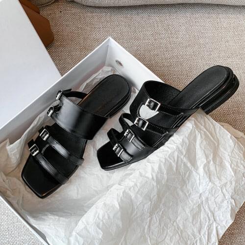 Women Slippers Ladies Summer Genuine Leather Shoes Woman Low Heels Sandals Fashion Black Buckle Casual Shoe