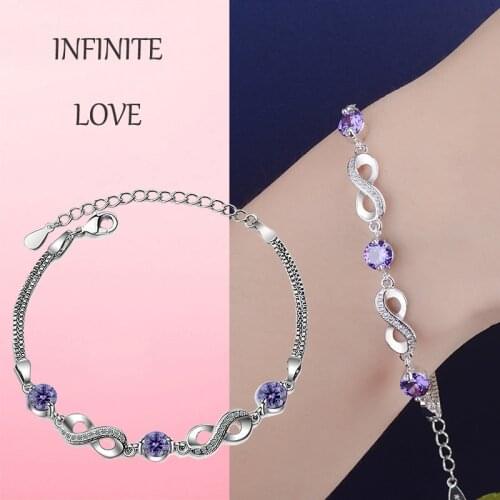Luxury 925 Sterling Silver Purple Crystal Chain and Link Bracelets Infinity Love Bracelet For Women Jewelry Anniversary Gift