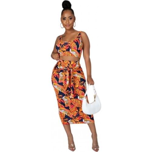 2 Piece Casual Women Matching Set Printed Crop Top Vest And Skirt Outfits Sexy Club Party Two Piece Set Female Summer Clothes