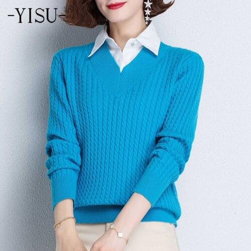 YISU Women Spring Sweater Jumper Solid color Shirt collar Spring tops Long sleeves Womens Tops Female Casual Knitted pullover