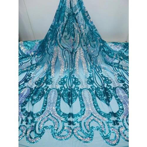 5yards/pc) Newest lake blue African sequins lace fabric shining French net lace with gorgeous embroidery for party dress FJL033
