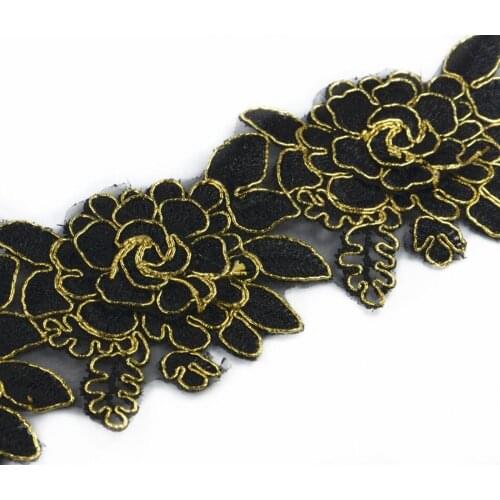 7yard Embroidered Black 2 Layers Flower Gold Edge Fabrics Scrapbooking Embellishment Ribbon Applique for African Lace Trim T583