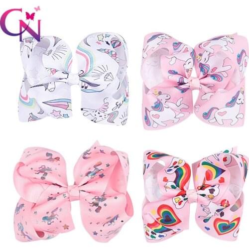 CN 8pcs/set 5" Unicorn Printed Hair Bows With Clips For Girls Kids Boutique Metalic Hair Clips Hairgrips Hair Accessories