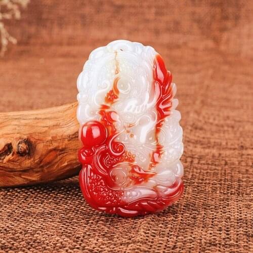 Dragon Red White Jade Pendant Necklace Chinese Hand-Carved Natural Charm Jewelry Amulet Fashion Accessories for Men Women Gifts