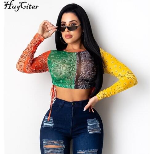 Hugcitar 2020 Long Sleeve Vintage Print Patchwork Ruched Bandage Sexy Crop Top Autumn Winter Women Fashion Streetwear Tshirts