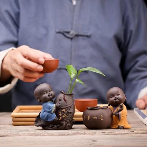 Ceramic Tea Pet Ornaments Small Buddha Statue Monk Figurine Desktop Flower Pot Hydroponic Plant Decoration Tea Accessories