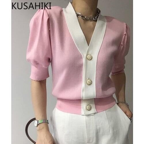 KUSAHIKI Korean Hit Color Knitwear Cardigan Puff Short Sleeve V-neck Women Knitted Tops 2021 Summer New Elegant Jumper 6H304