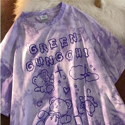 Summer Short Sleeve Tops Fashion Round Neck Stylish Tie Dye Letter Bear Print Loose Casual T Shirt 2021 Chic Oversize Camiseta