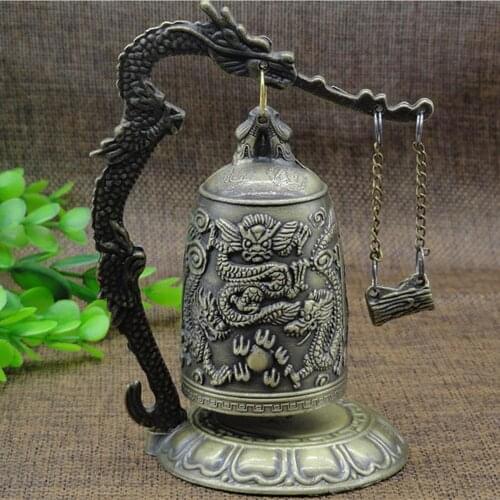 Retro Metal Bell Decor Bronze Lock Carved Dragon Buddhist Clock Good Luck Feng Shui Ornament Home Desktop Decoration Figurines