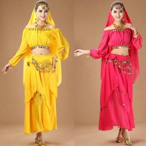 Fashion Belly Dance Skirt Costume The Women Dance Wear Long-Sleeved Dew Shoulder Top Shirt Adult Indian Dancing Clothes