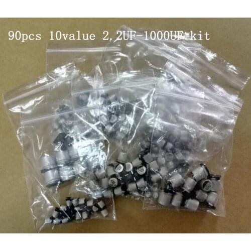 90pcs 10value 2.2UF-1000UF SMD Aluminum Electrolytic Capacitor Kit (6.3V 10V 16V 25V 50V 4.7UF 10UF 22UF 47UF 100UF 220UF 470UF