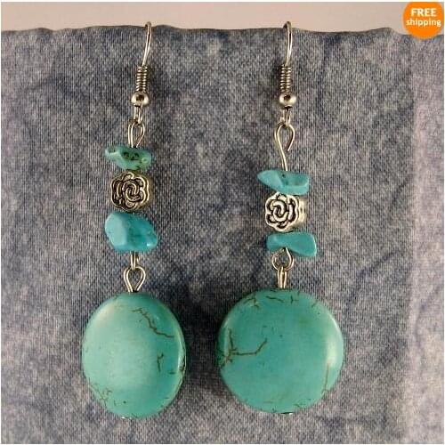 New Favorite Pearl Store Beautiful Gemstone Jewelry Blue Turquoise Flower Earrings S925 Silver Long Pendant Line Dangle Earrings