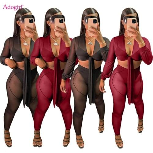 Adogirl 2021 Autumn Sheer Mesh Two Piece Set Lace Up Long Sleeve Cardigan Blouse Crop Top Pencil Pants Club Party Suit